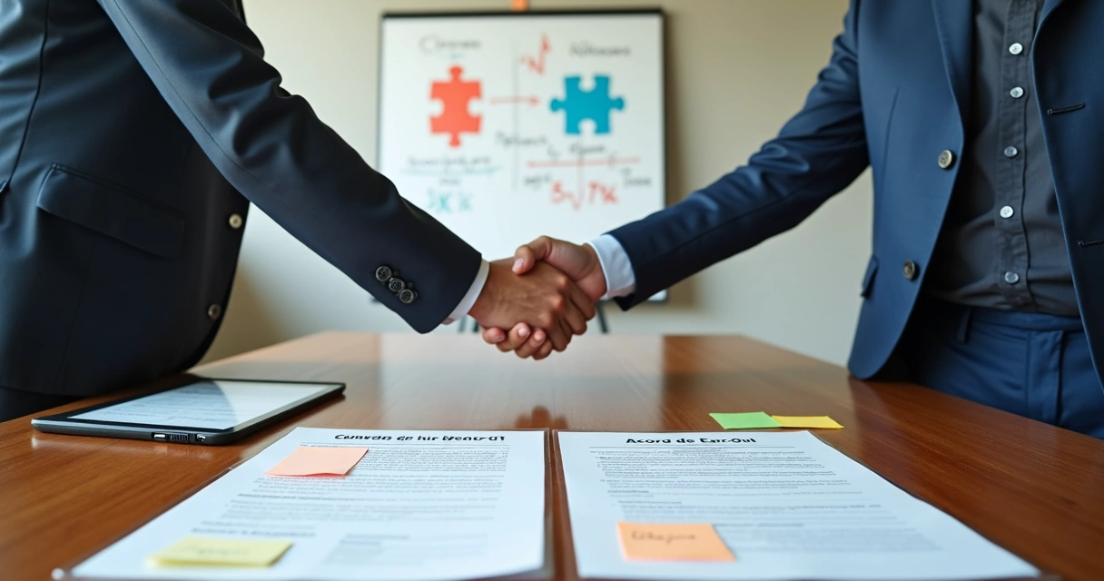 Empresários de pequenas empresas selando acordo de fusão em reunião de negociação 