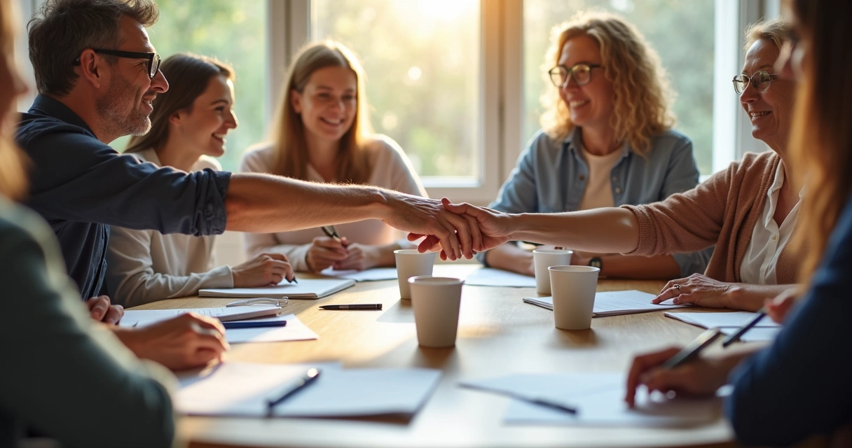 Pessoas reunidas em círculo em uma mesa, com papéis e canetas, colaborando em grupo 