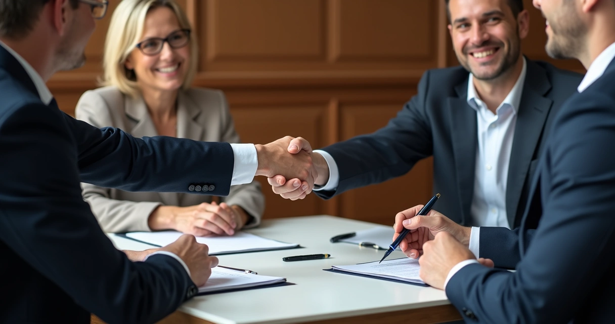 Pais e filho jovem fechando acordo em sala judicial