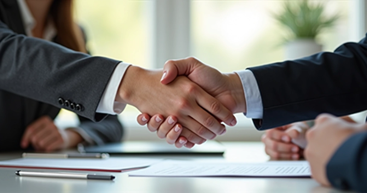 Duas pessoas cumprimentam-se após mediação bem-sucedida. 