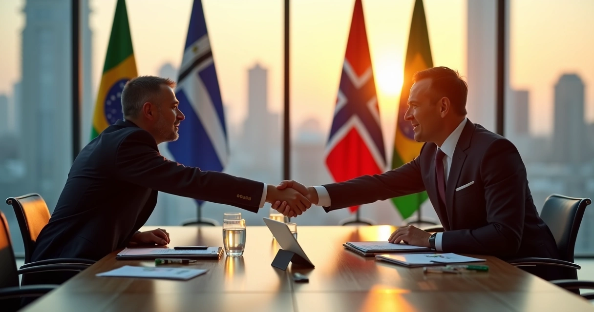Executivos do Brasil e da Noruega apertando as mãos em frente a bandeiras do Mercosul e da Efta 