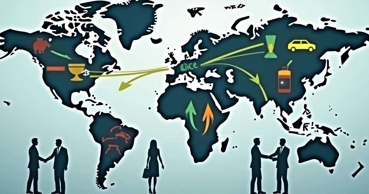 Mapa dividido entre Europa e América do Sul, símbolos de exportação e importação, produtos agrícolas e industriais interligando os continentes 