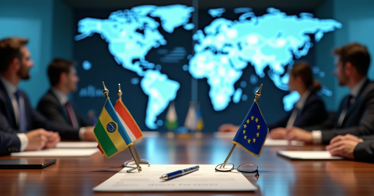 Mesa de negociação com bandeiras do Mercosul e da União Europeia e mapa político ao fundo 