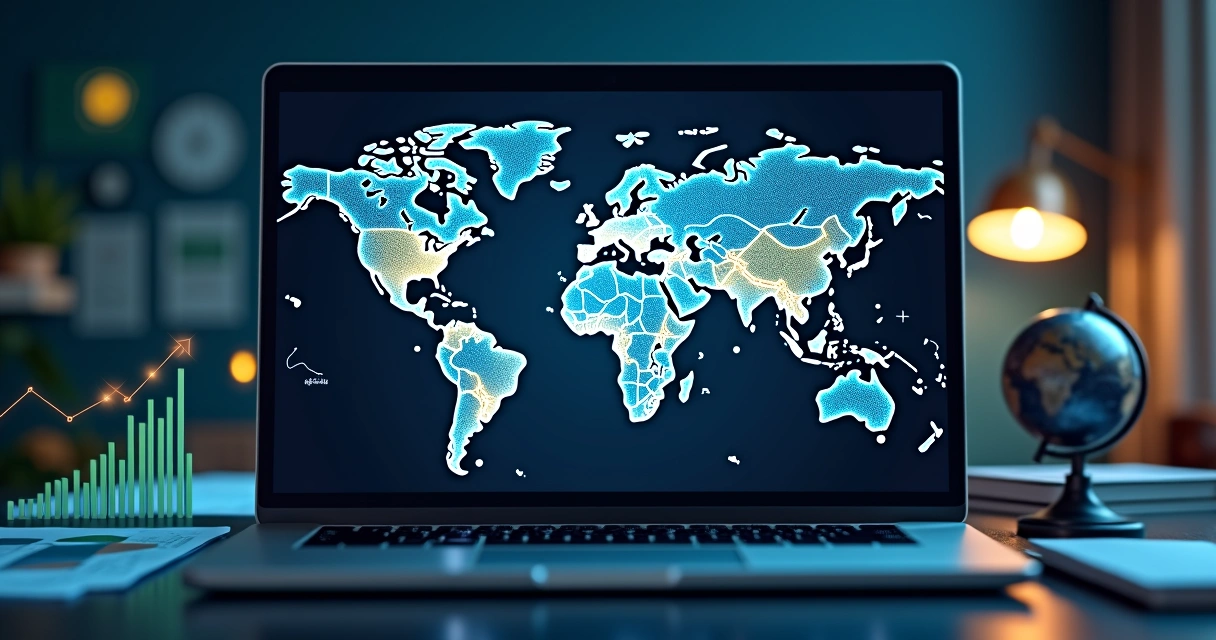 Mapa de Brasil e União Europeia conectados por gráficos financeiros e bandeiras 