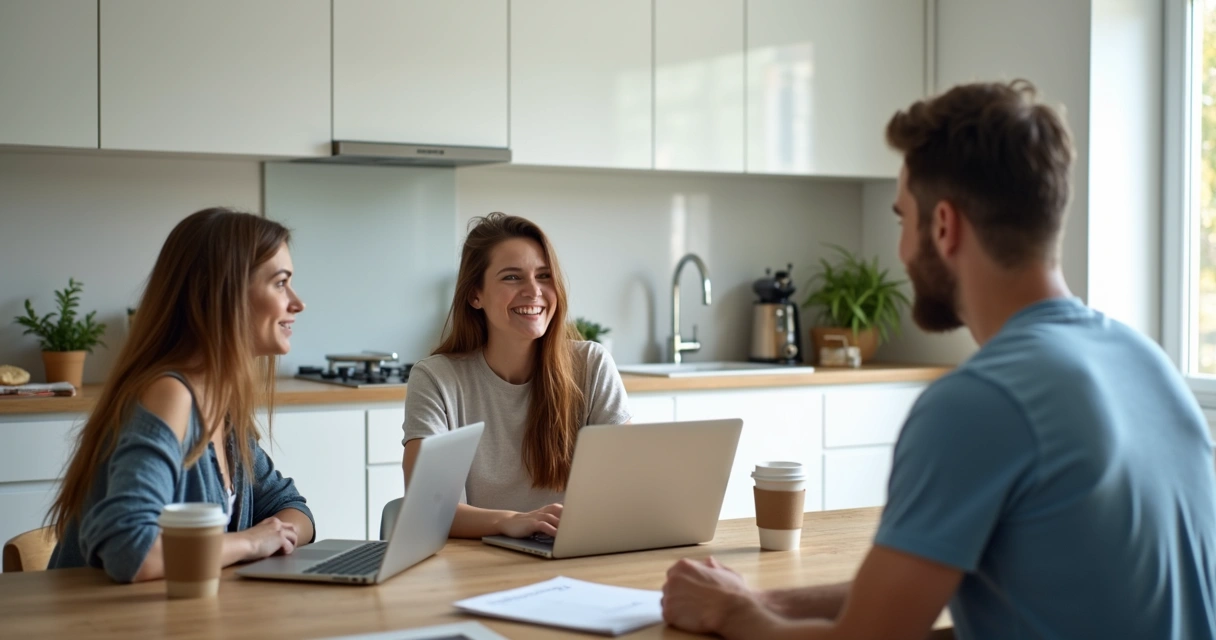 Pessoas sentadas em mesa de cozinha conversando informalmente 