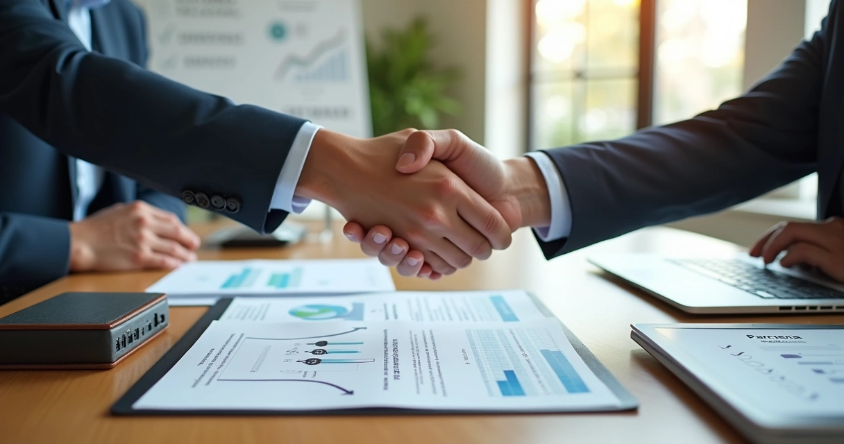 Dois empresários apertando as mãos sobre contratos alinhados e gráficos de receita recorrente 