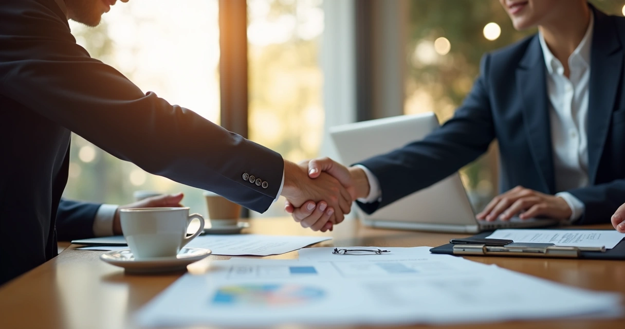 Duas pessoas apertando as mãos em sinal de acordo em uma mesa de reunião