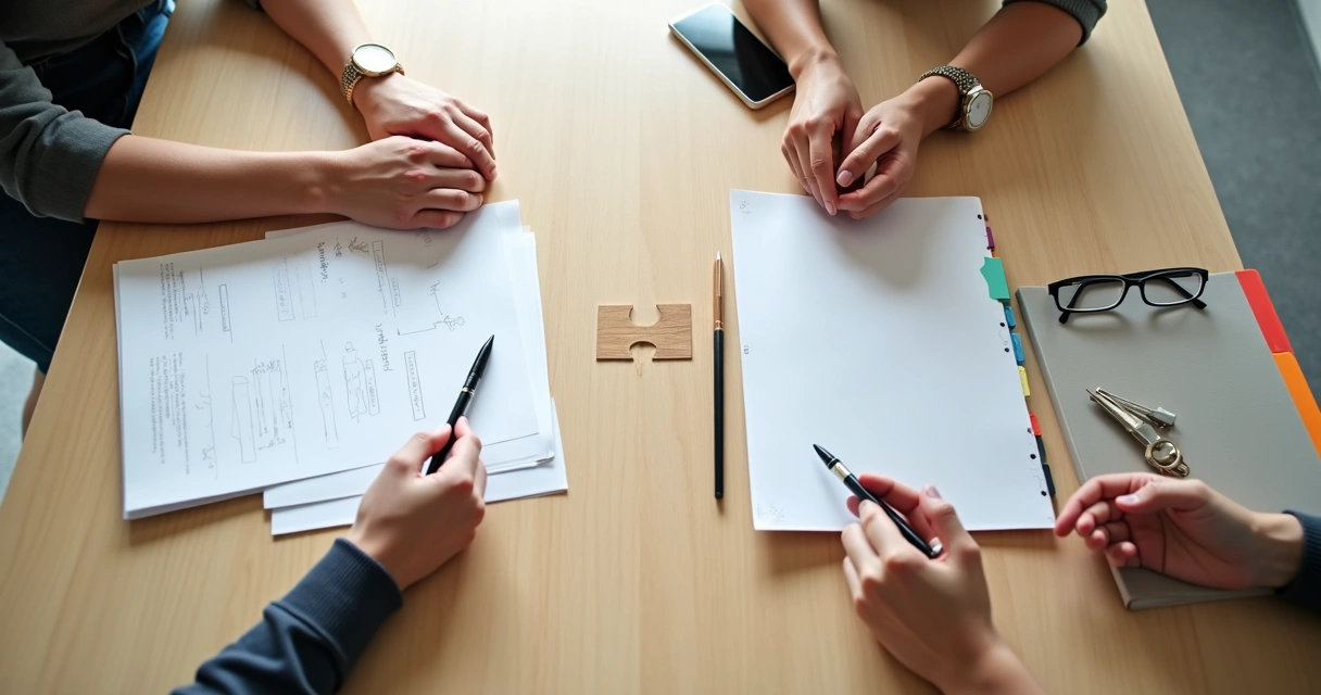 Duas pessoas definindo limites com objetos diferentes sobre a mesa 