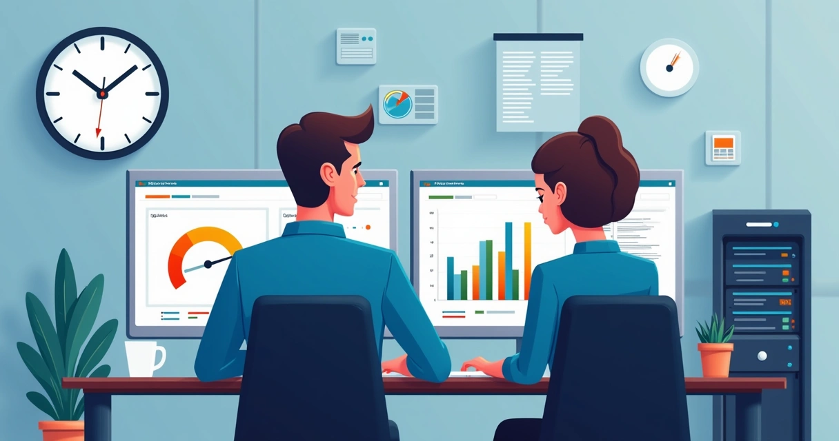 Profissionais de TI analisando indicadores de SLA em computadores 