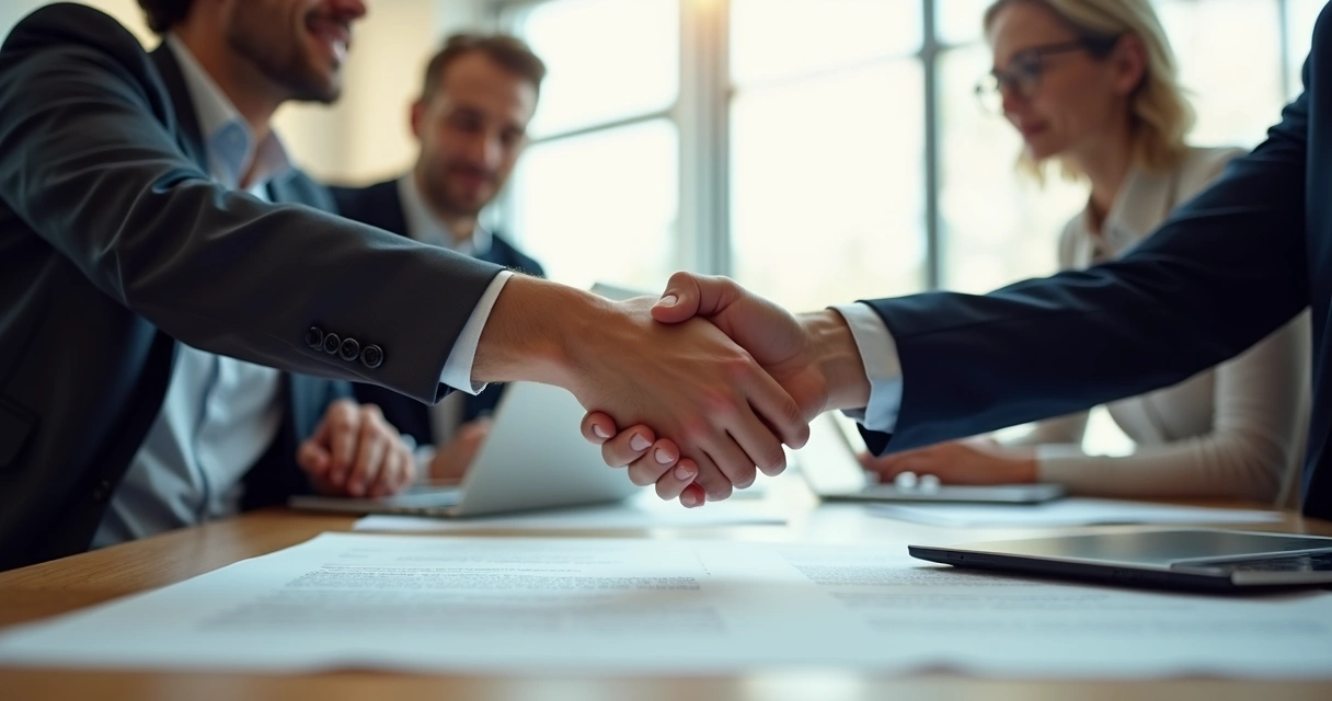Empresários apertando as mãos sobre um contrato de parceria em uma mesa de reuniões