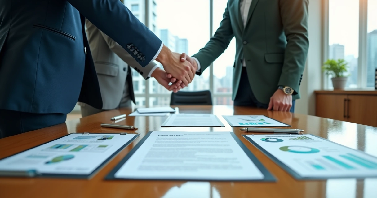 Três executivos apertando as mãos sobre mesa com contrato e gráficos de crescimento 