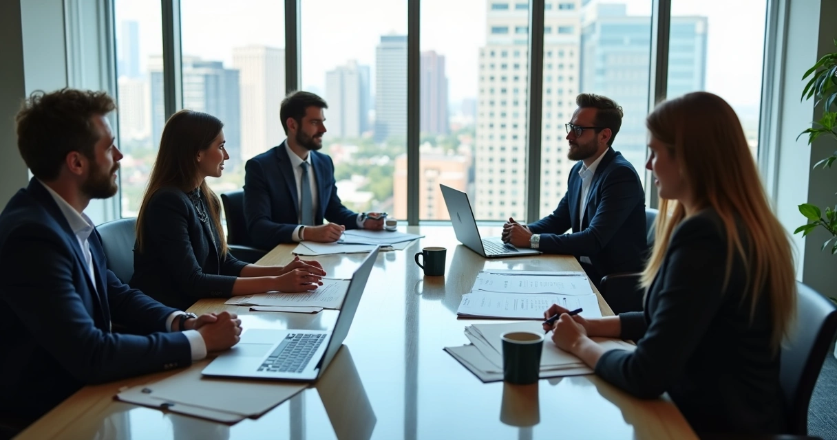 Reunião de sócios discutindo cláusulas em uma mesa de escritório 