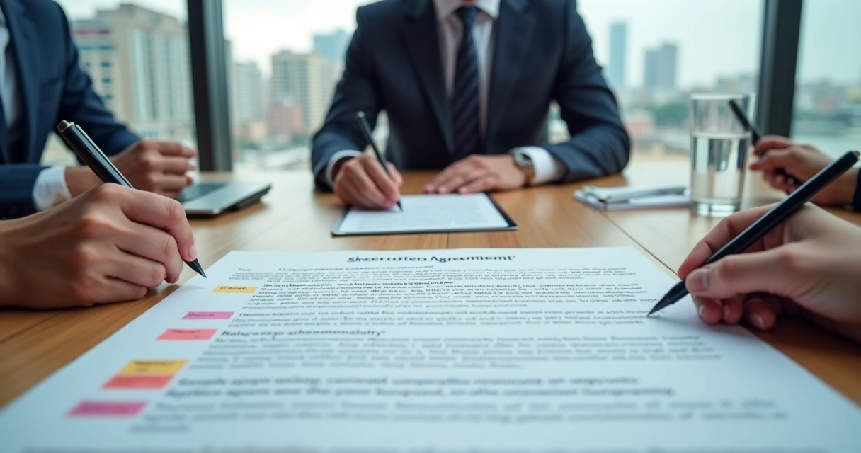 Empresários em reunião assinando acordo de sócios em mesa de escritório moderno 