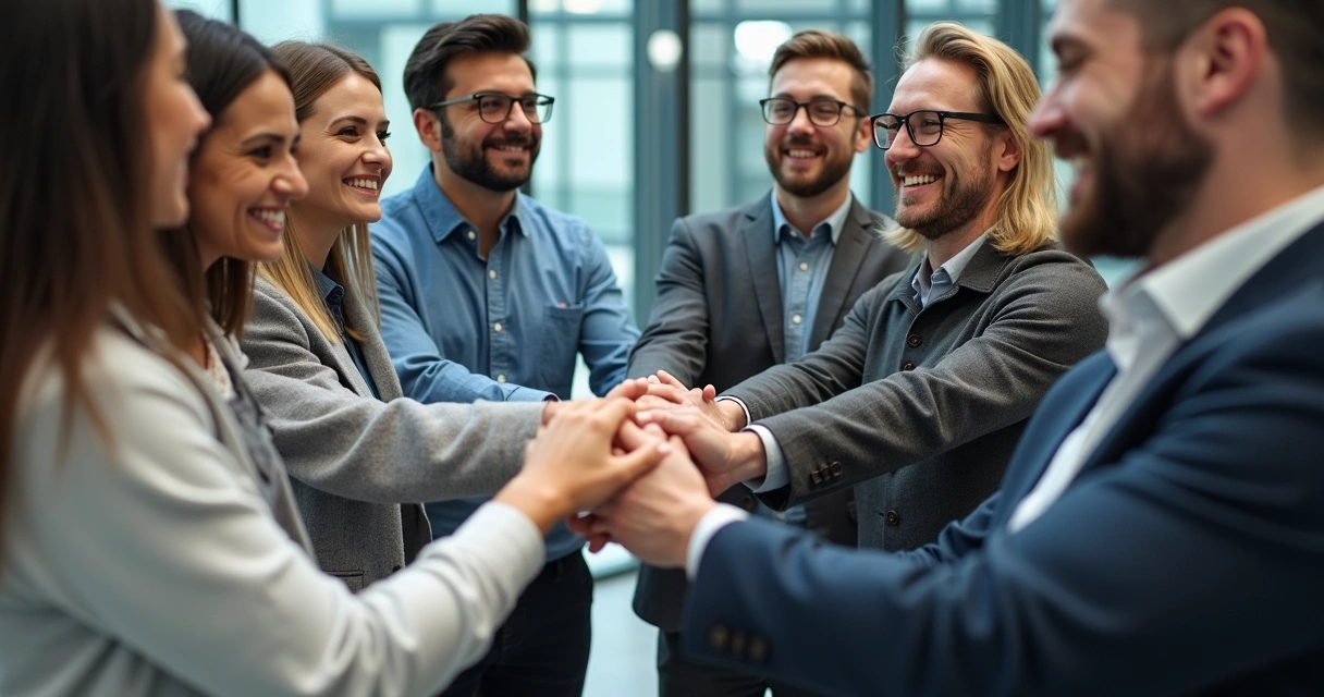 Integrantes de equipe unindo as mãos ao centro após resolver conflito