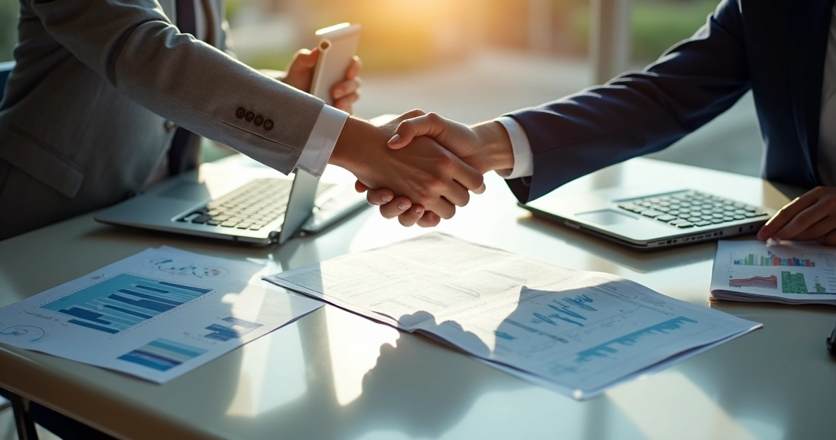 Duas pessoas apertando as mãos sobre contrato, planilha e notebook em mesa de reunião