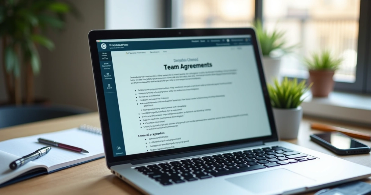 Documento digital com acordos de equipe em ambiente de trabalho 