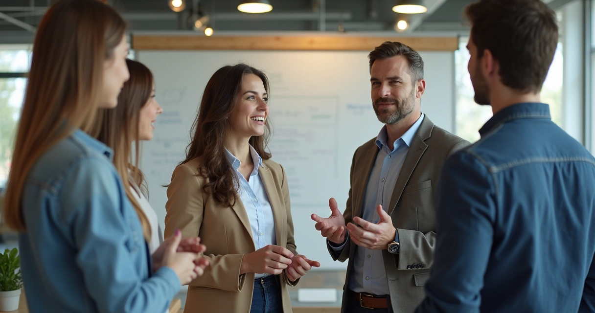 Grupo pequeno em ambiente de trabalho estabelecendo acordo, gesticulando, com quadro branco ao fundo e rostos atentos 