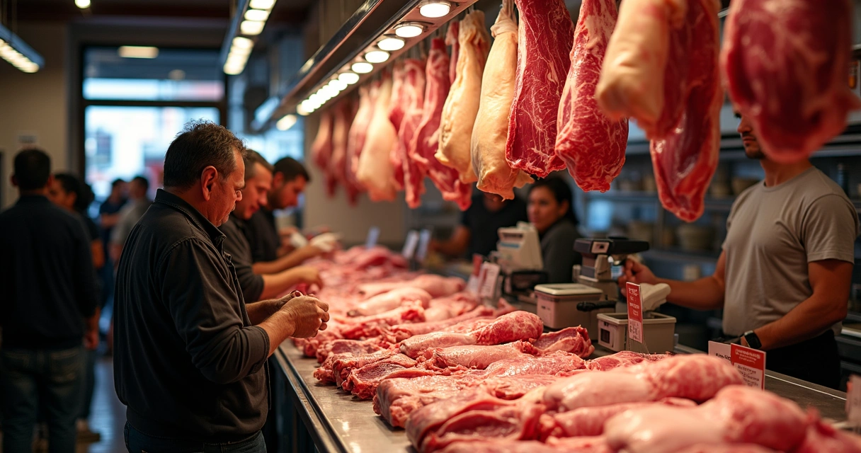 Pessoas em fila em açougue argentino, selecionando carnes no balcão 