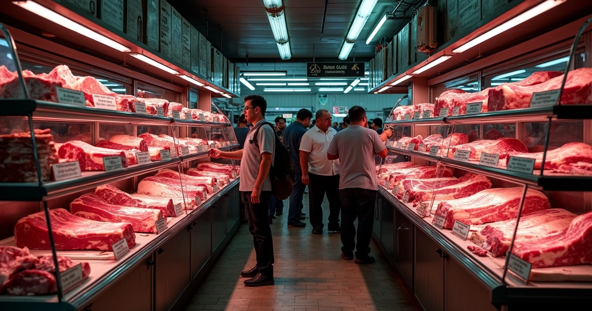 Açougue argentino mostrando carne e etiquetas de preços altos 