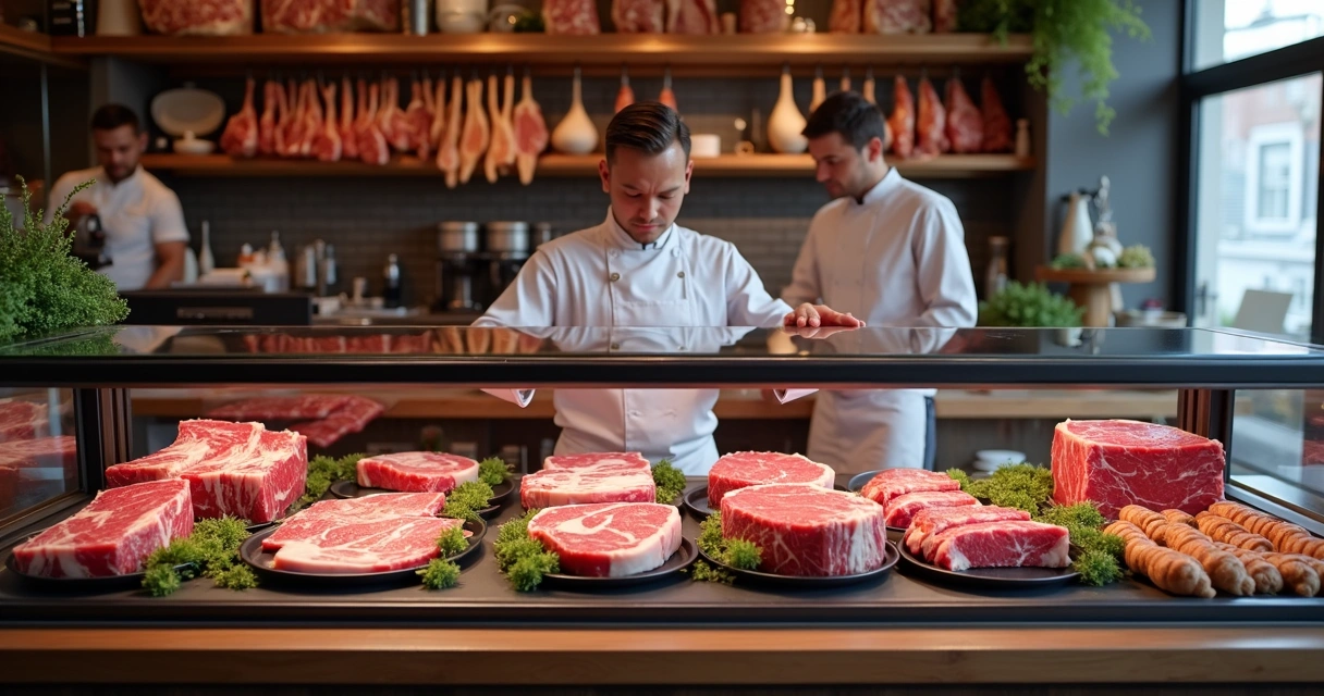Balcão moderno de açougue gourmet com carnes nobres expostas, sistemas digitais e atendente uniformizado 