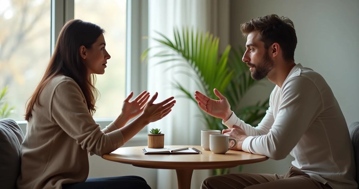 Two people in a calm conversation practicing active listening in a cozy room 