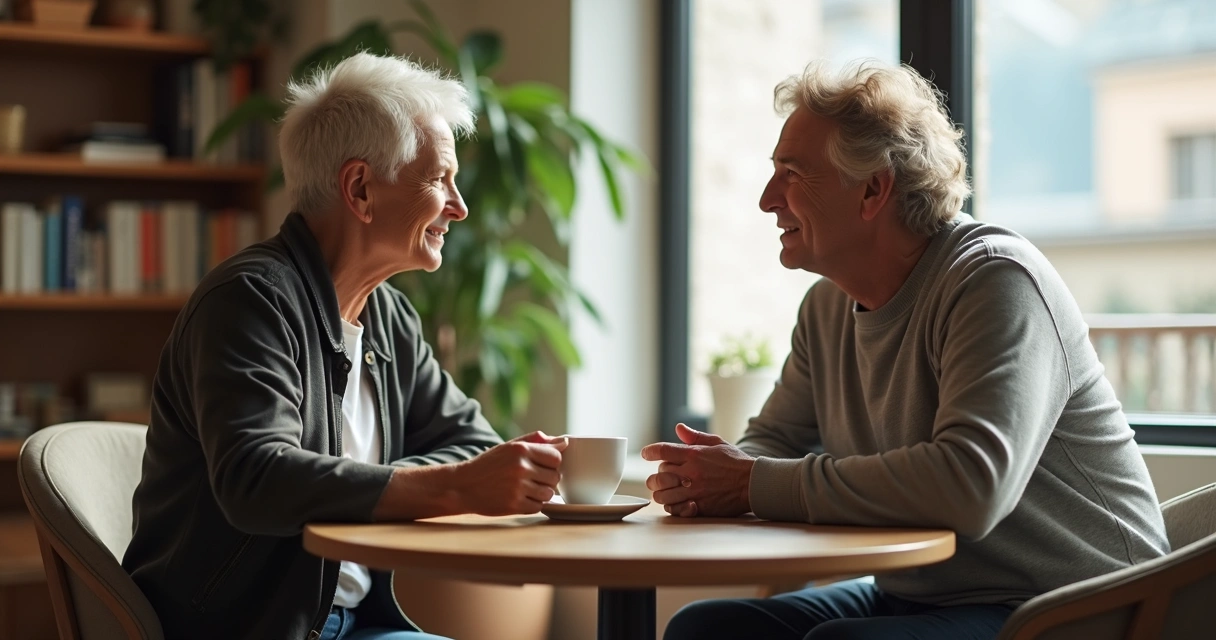Two people having a focused conversation at a table, coffee cups in hand 