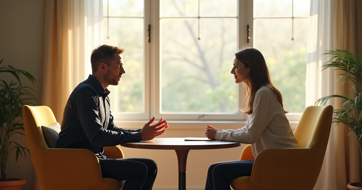 Two people sitting across from each other at a small table, one speaking with expressive hands, the other listening attentively 