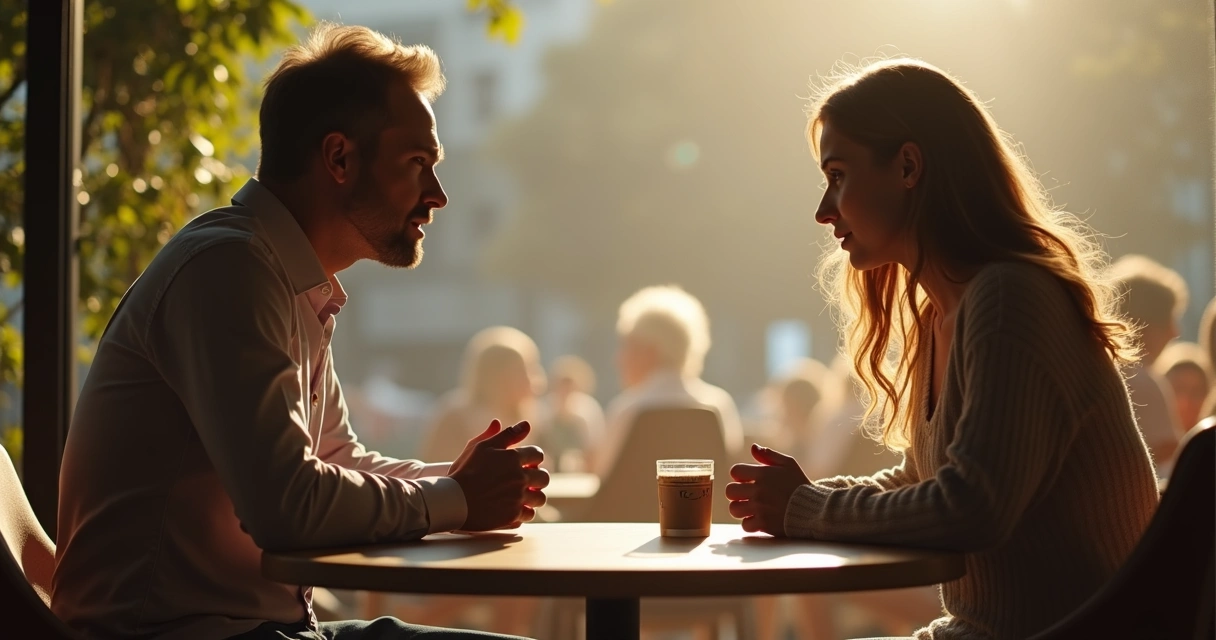 Two people sitting at a table, one listening attentively to the other, with eye contact and relaxed body language