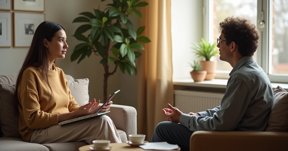 Two people in a calm seated conversation with attentive listening cues 