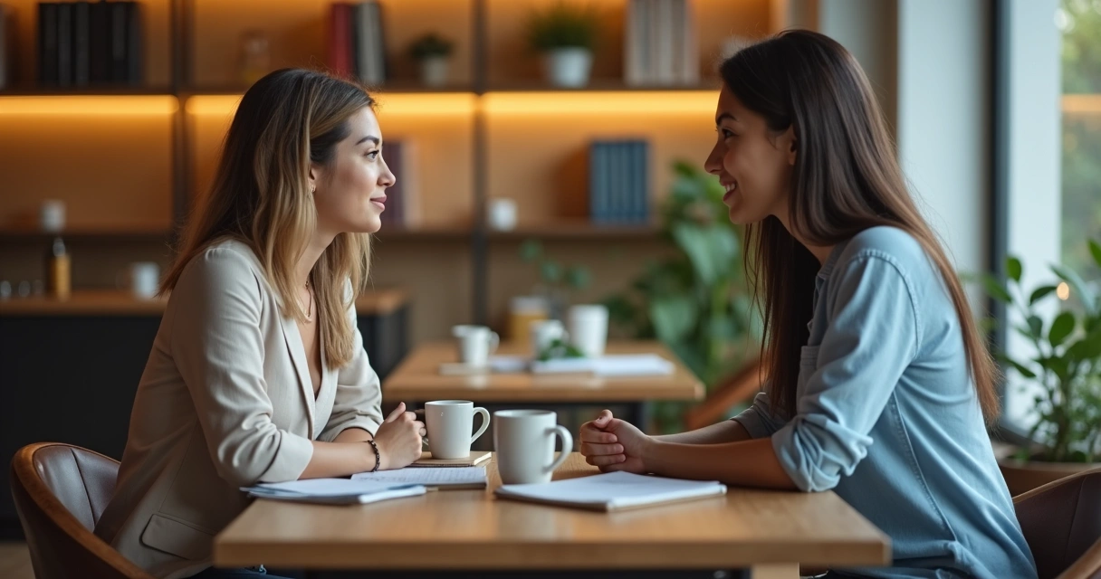 Two people having a face-to-face conversation at a table, one listening attentively. 