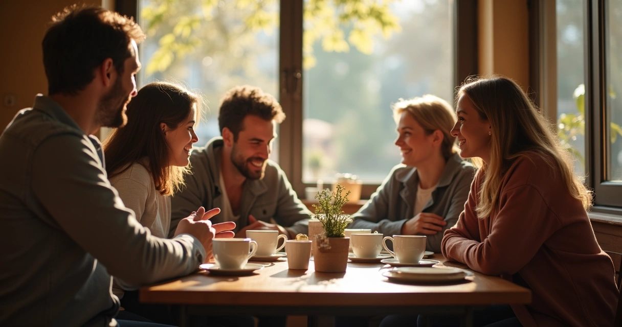Friends practicing active listening in a cafe