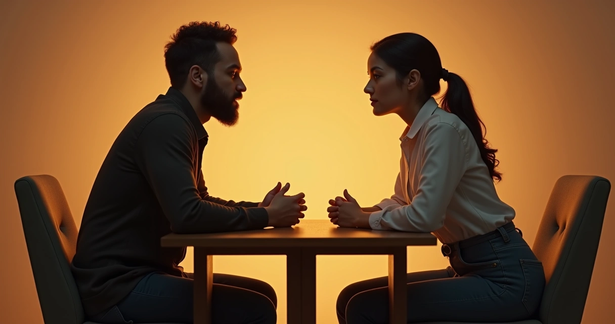Two adults sitting face-to-face at a table, listening closely, making eye contact, with hands relaxed. 