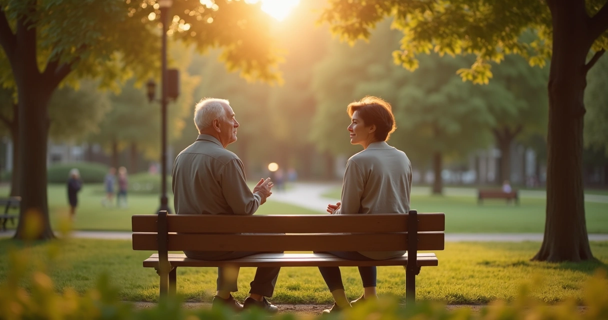 Two people talking on a park bench with attentive listening posture 