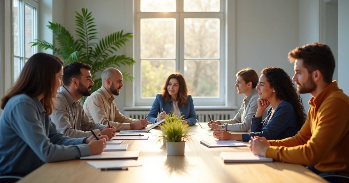Group discussion around a table with people actively listening 