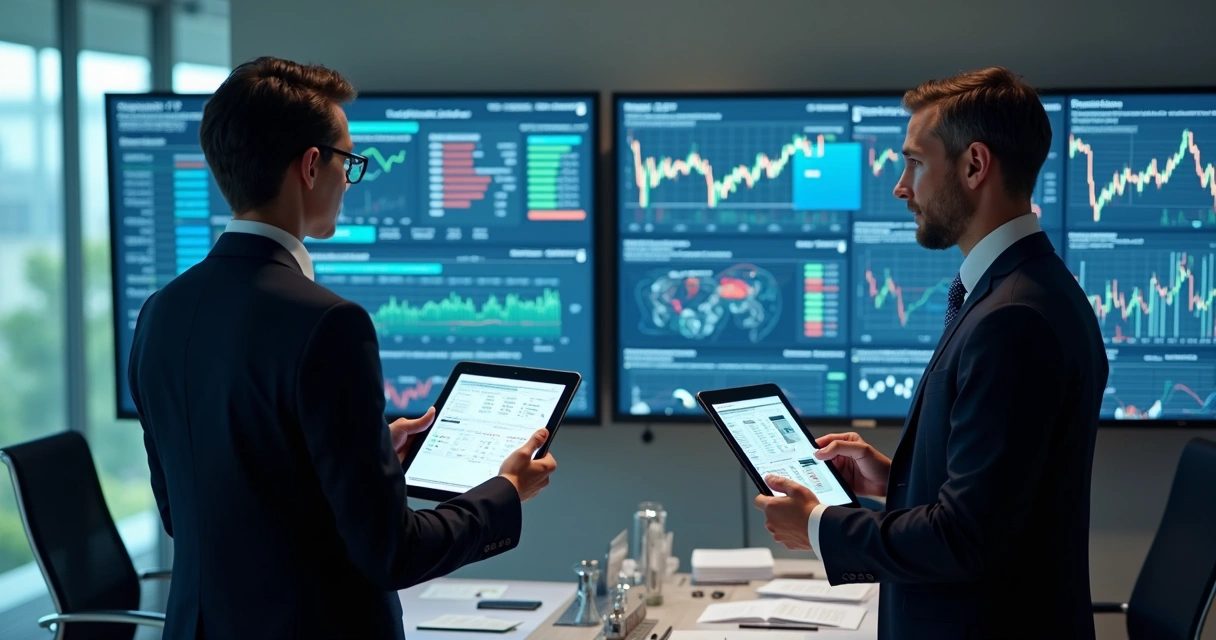 Two business professionals analyzing risk on digital screens in a modern office 