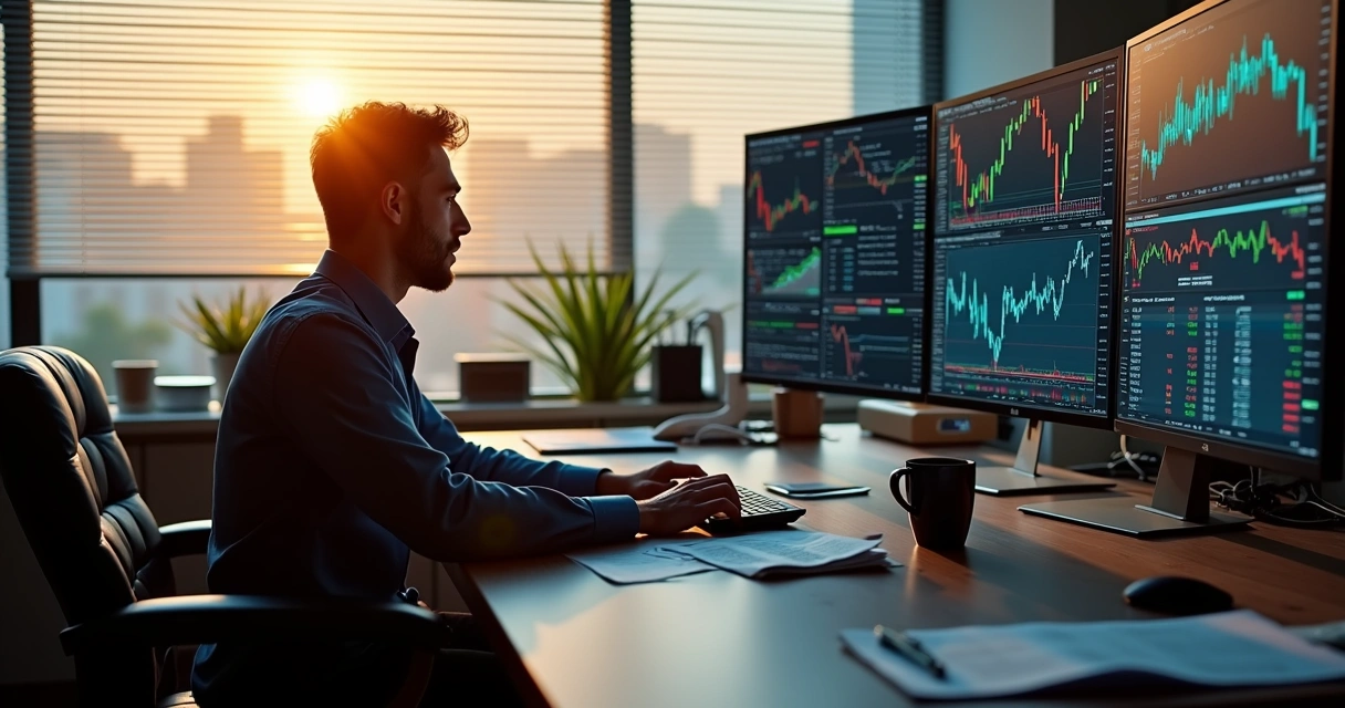Trader starting day with multiple screens, making quick trades 