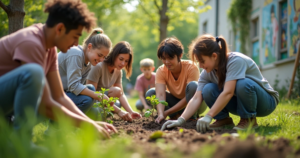 Personas de diferentes edades colaborando en una actividad comunitaria al aire libre