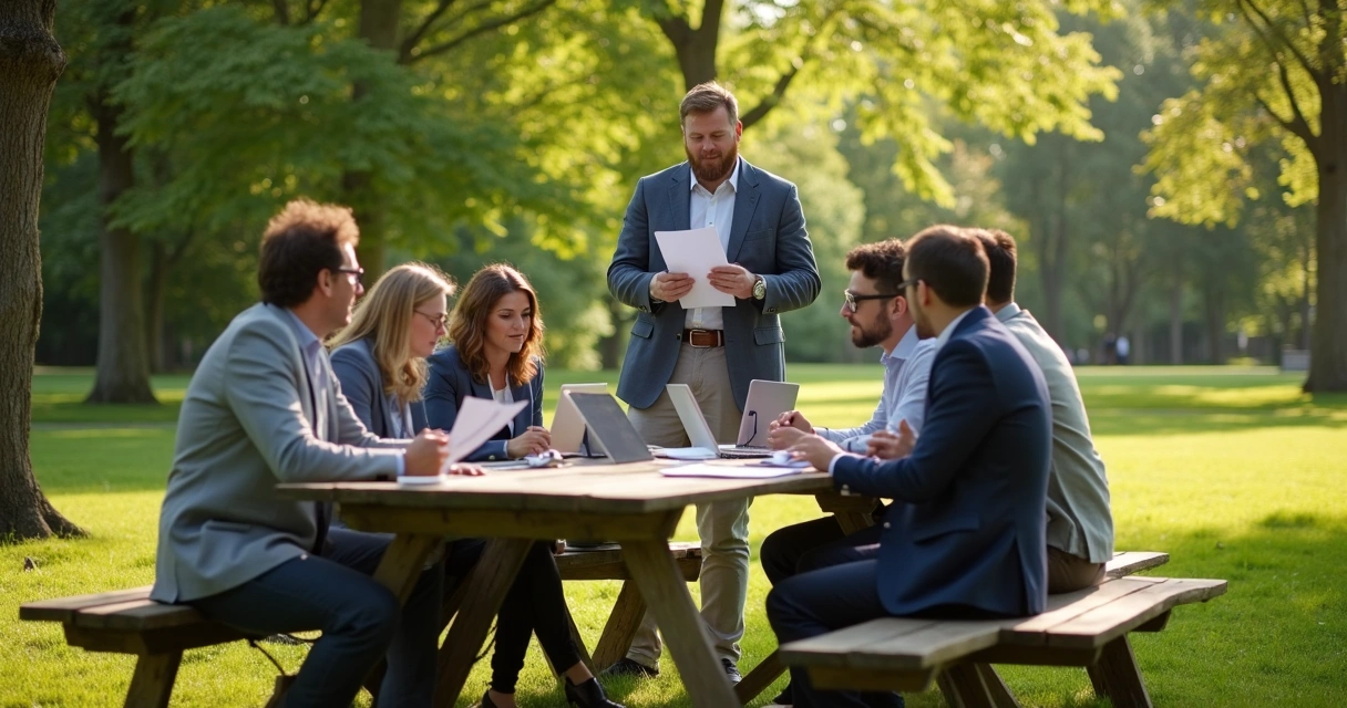 Equipo colaborando al aire libre con líder supervisando
