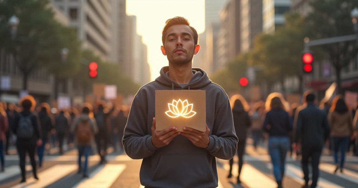 Peaceful person holding protest sign and lotus in abstract cityscape 