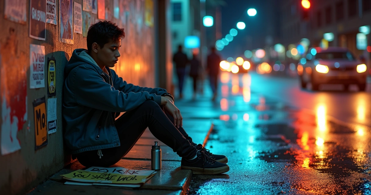 Tired activist leaning against city wall after protest at night 