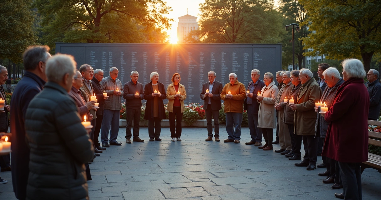 Acto comunitario de memoria con velas y mural con nombres 