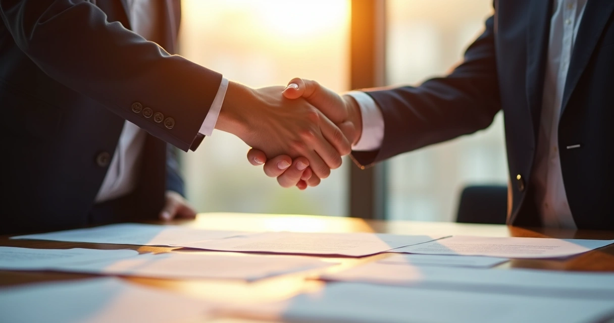 Dos personas sellando un acuerdo con un apretón de manos sobre una mesa con documentos