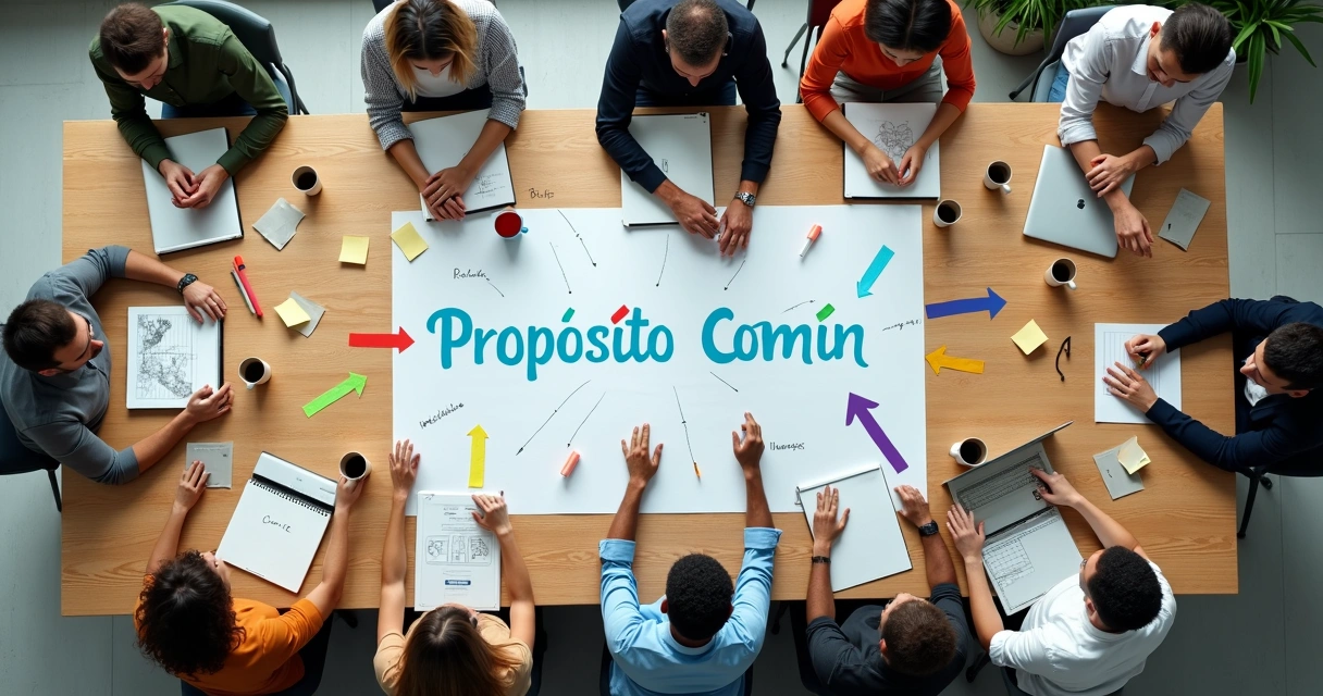 Mesa de reunión vista desde arriba con flechas de colores apuntando en distintas direcciones 