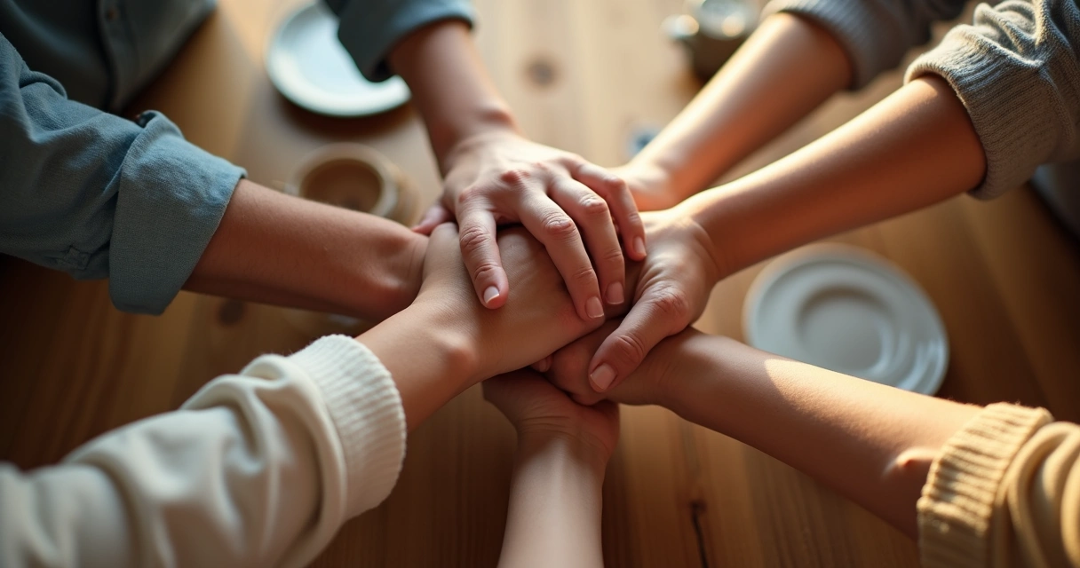 Manos familiares unidas en el centro de la mesa