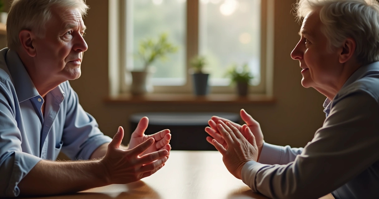 Dos personas conversando sentadas, gesticulando amigablemente con una mesa entre ellas 