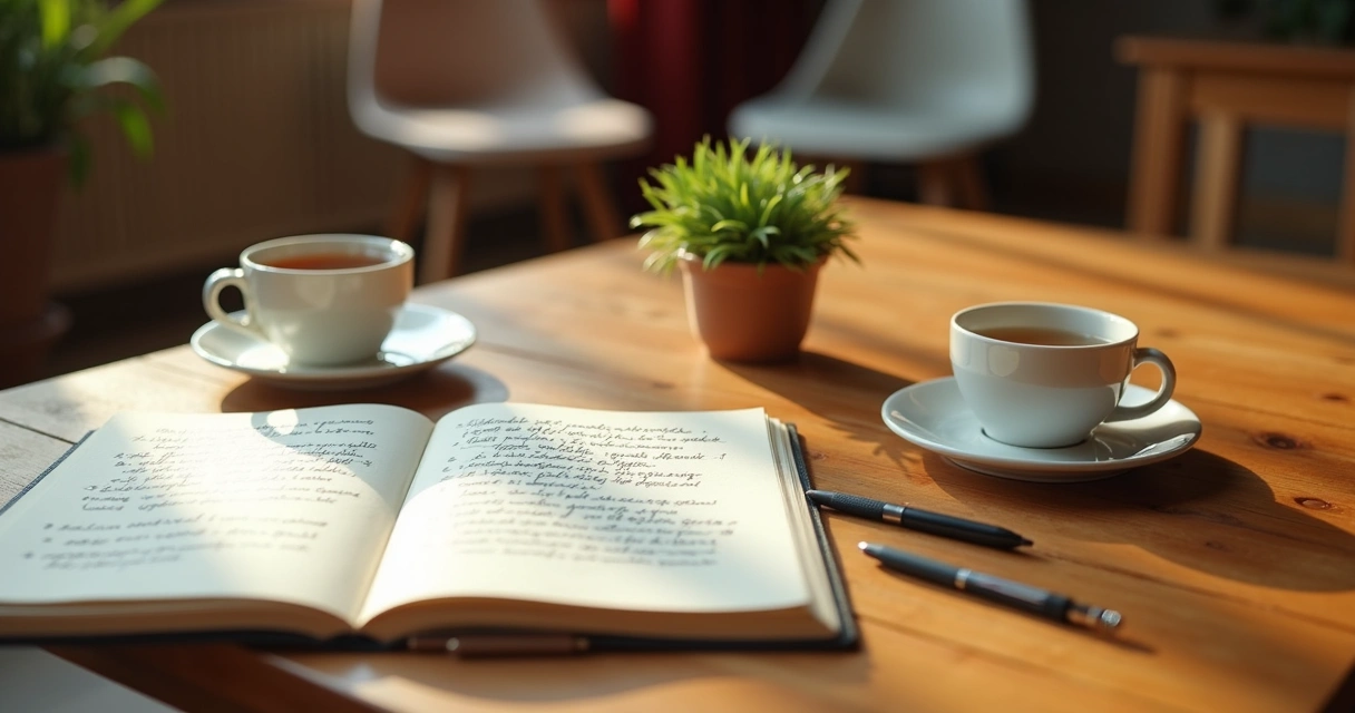 Cuaderno con acuerdos de grupo y tazas sobre mesa 