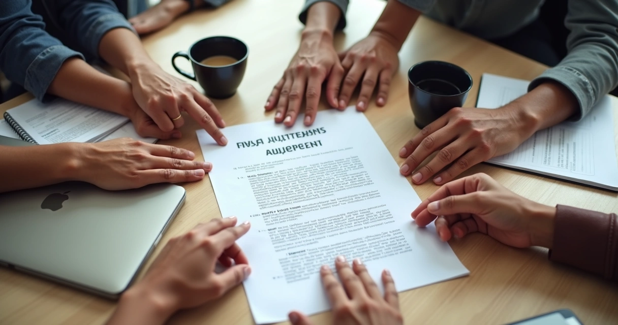 Manos señalando un documento de acuerdos en una mesa de trabajo global
