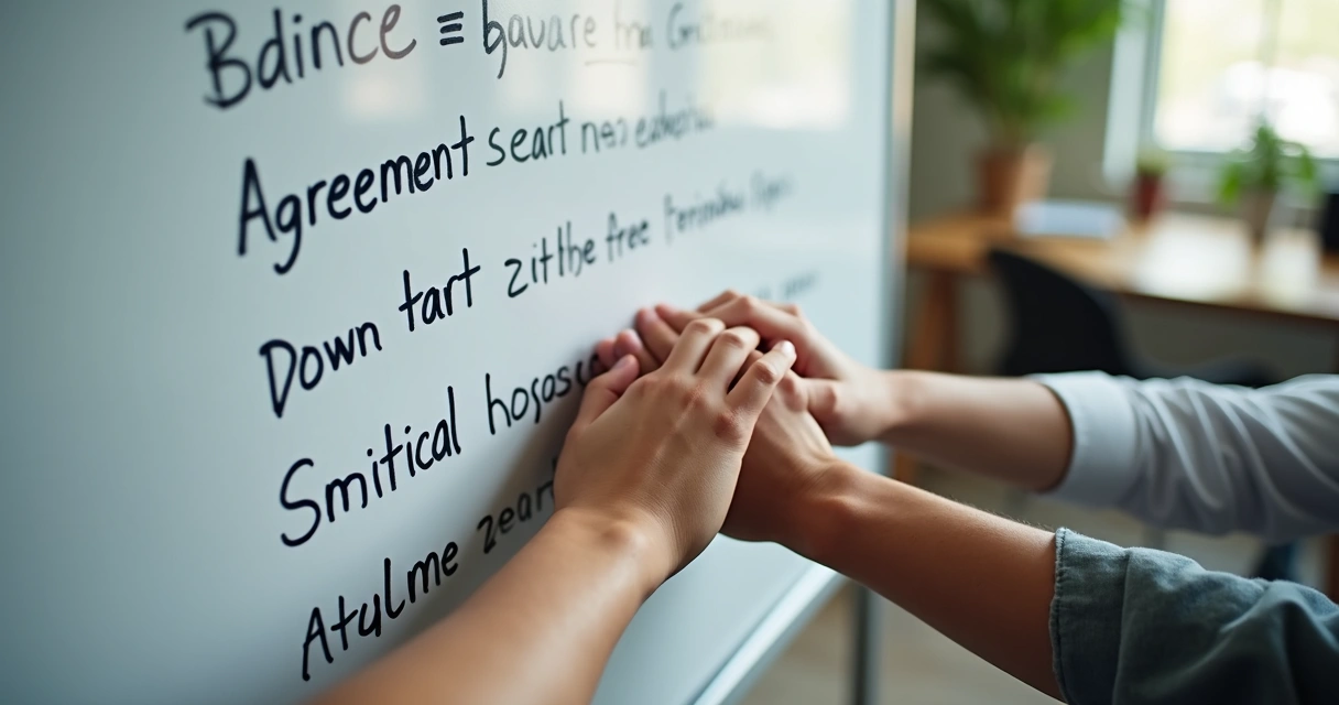 Manos de equipo unidas frente a una pizarra con acuerdos escritos