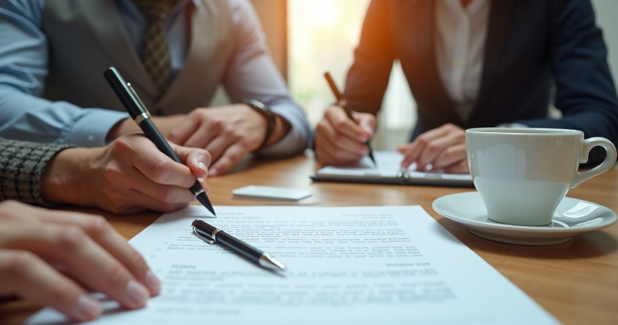 Manos señalando un acuerdo escrito sobre una mesa de trabajo