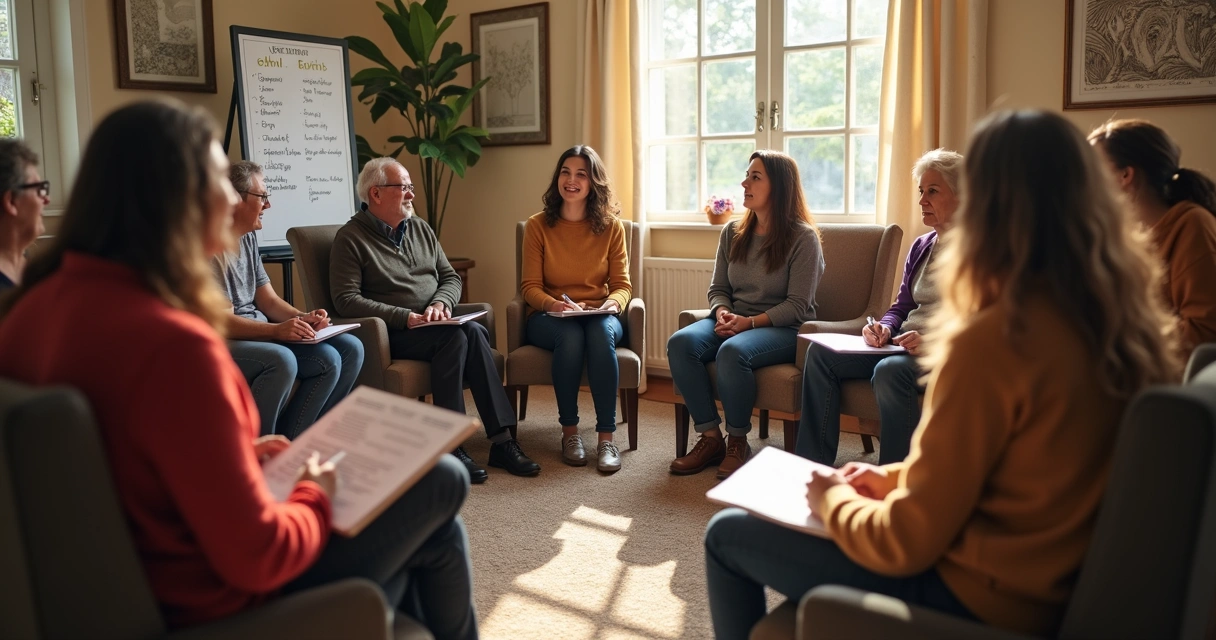 Grupo de personas de distintas edades y orígenes reunidas en círculo, hablando y tomando notas en un espacio acogedor